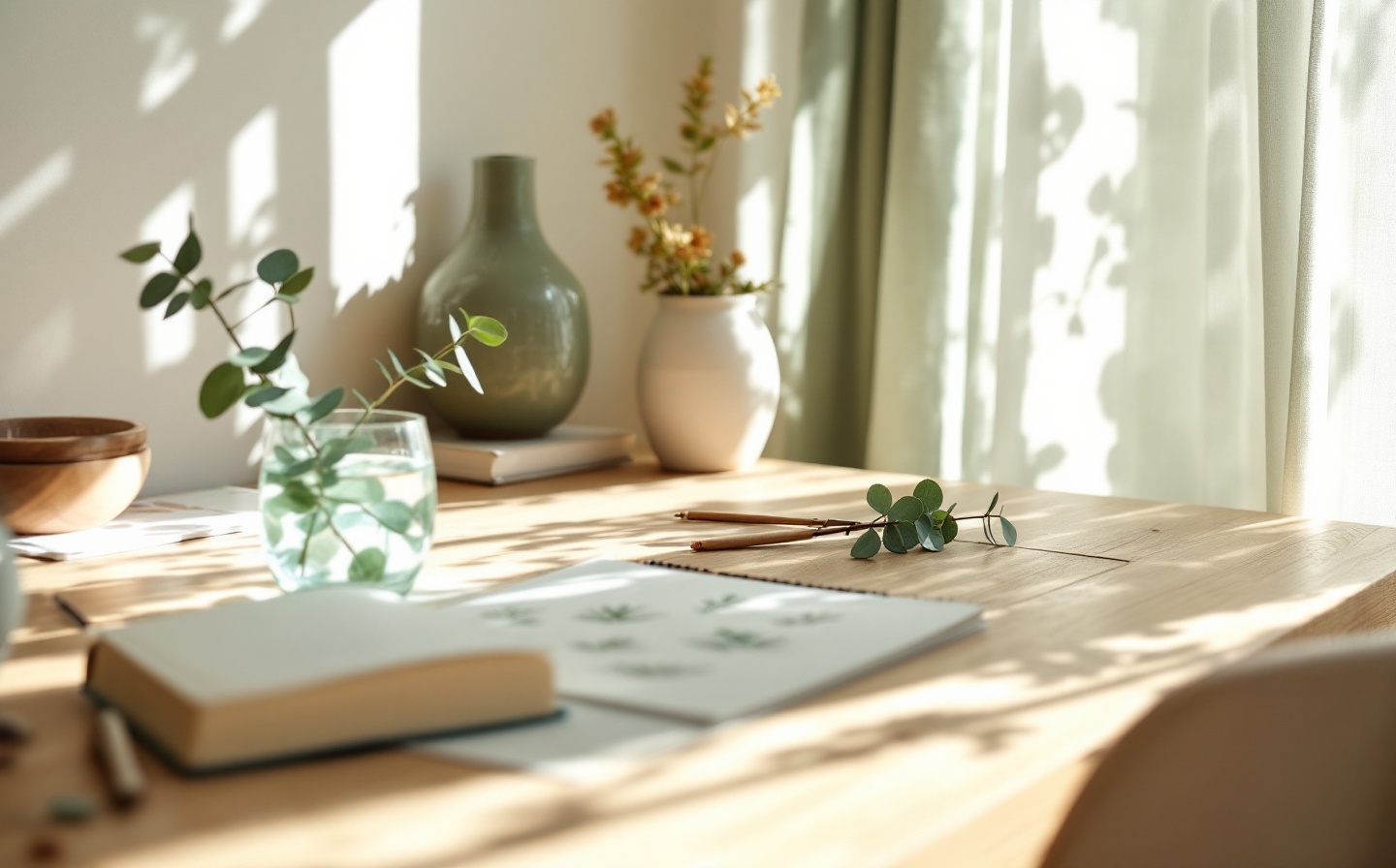 A serene workspace featuring natural light, botanical elements, and a calm color palette