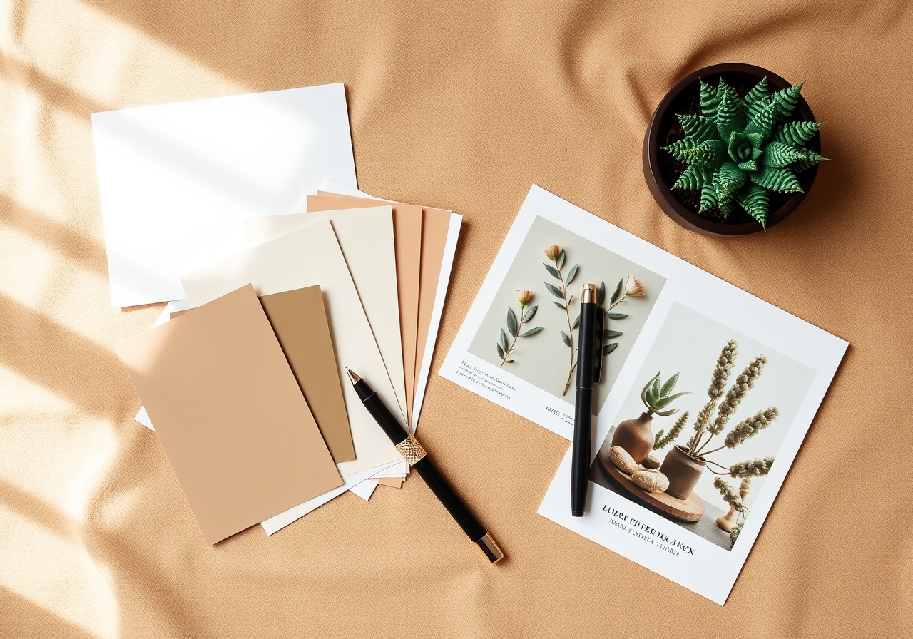 A serene workspace featuring a computer screen displaying a clean website layout alongside printed brand identity guidelines and a potted plant