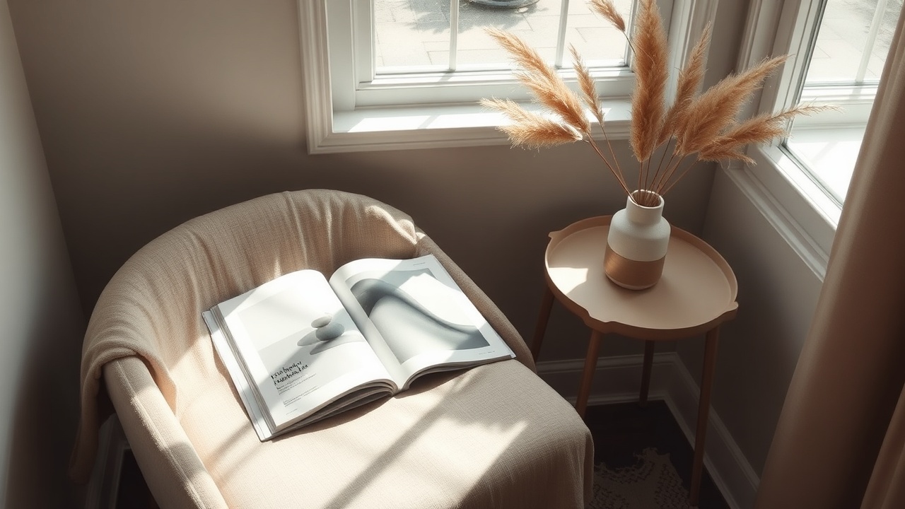 A minimalist workspace with a view of a quiet garden