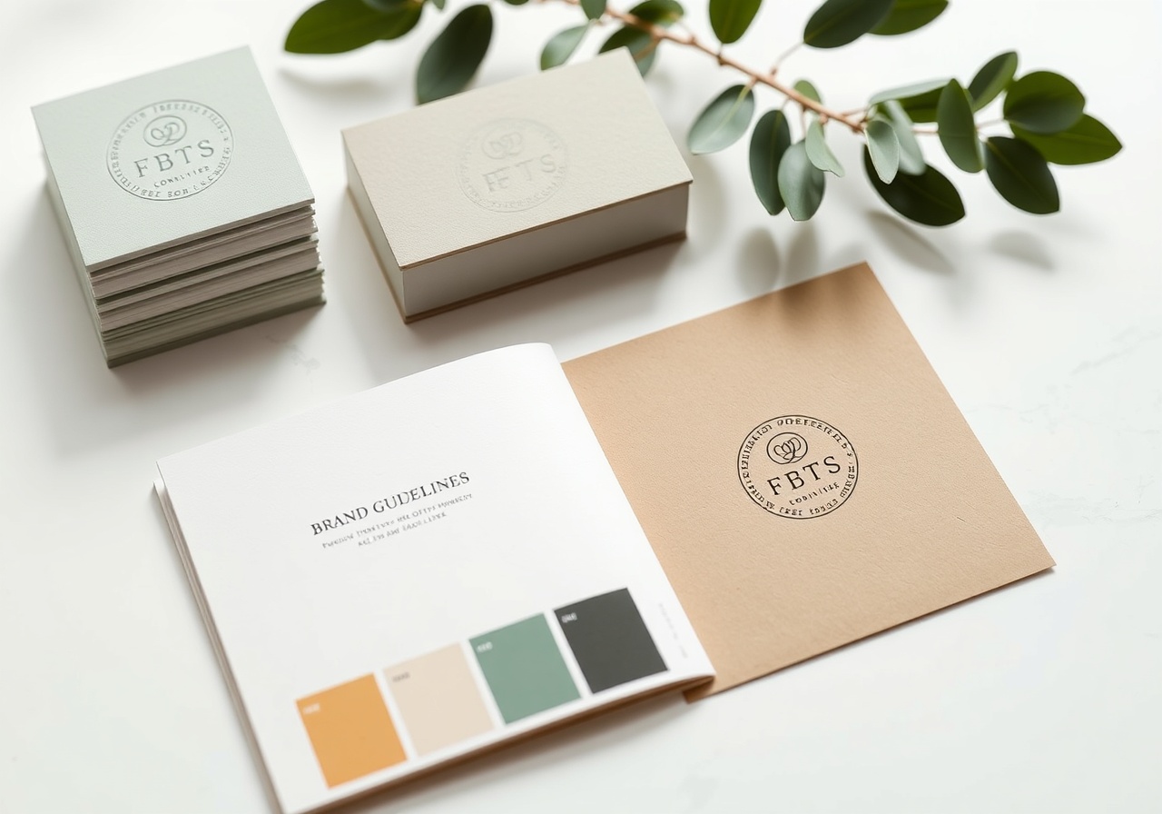 A calm, minimalist brand identity presentation board featuring logo variations, color swatches, and typography samples on a wooden desk