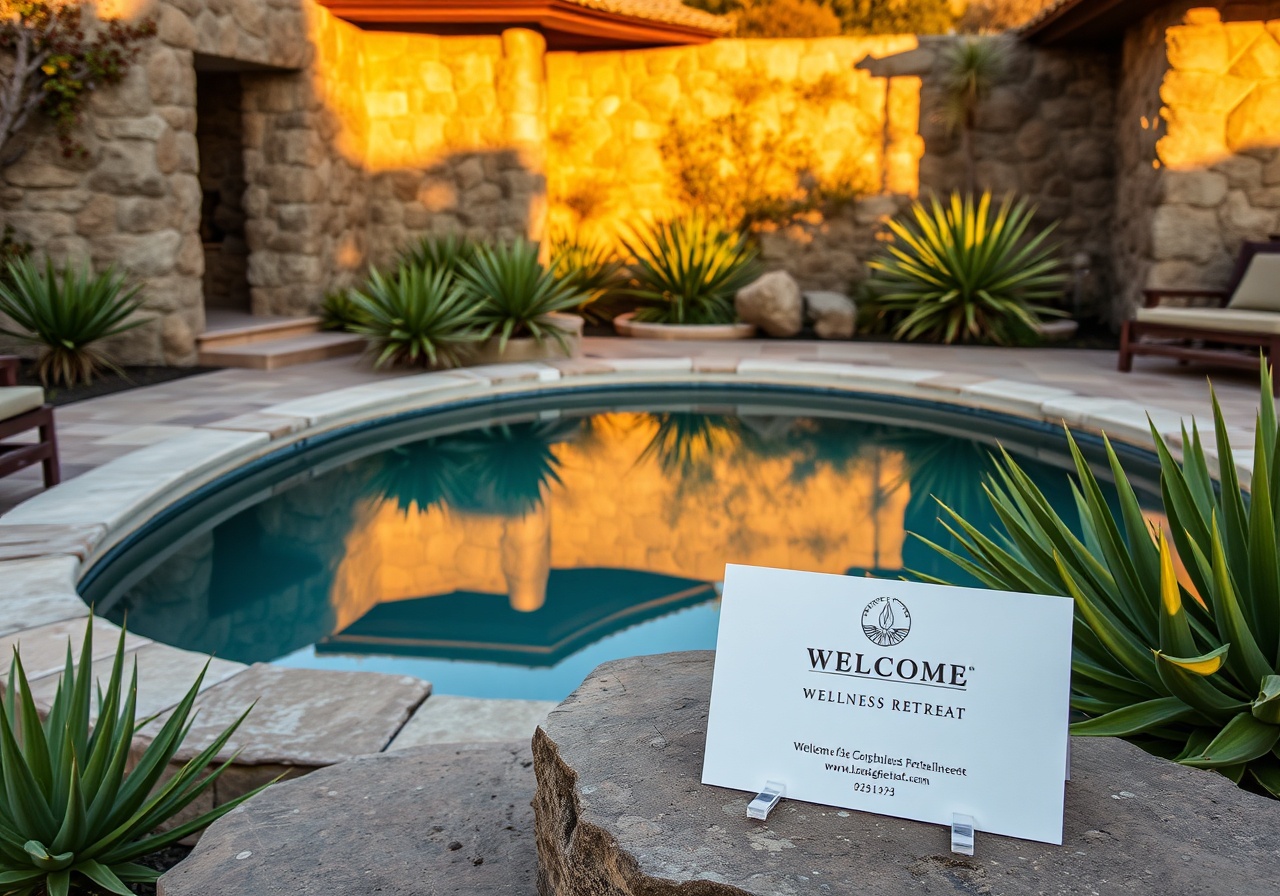 Aura Retreat Center exterior with lush greenery and natural stone architecture