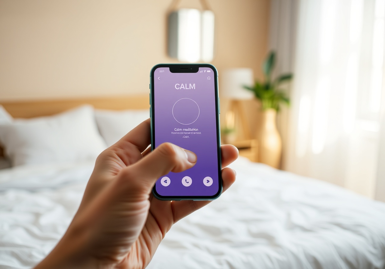 A mobile phone screen displaying the Stillwater meditation app interface with soft sage tones and clean typography