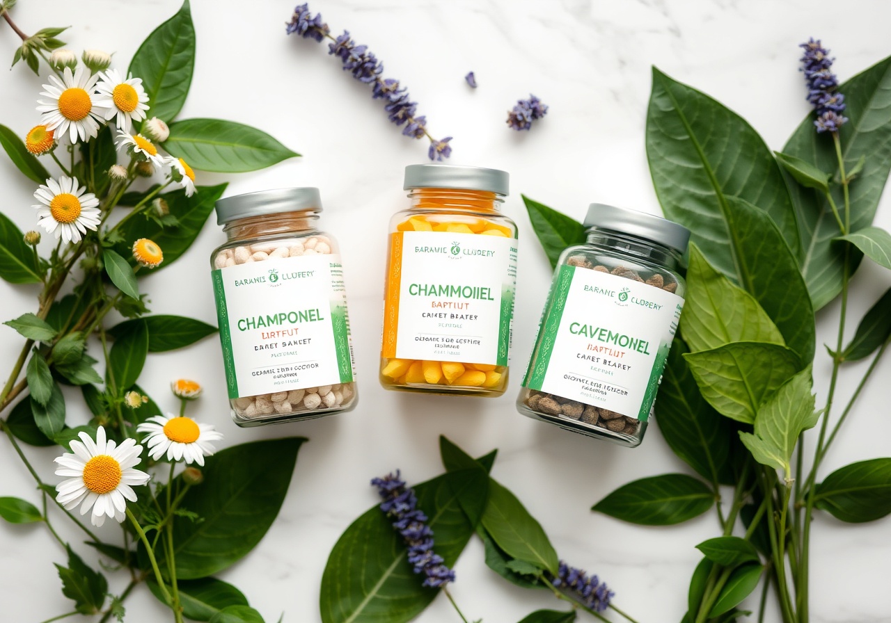Petal Nutrition packaging design on natural stone surface with soft natural lighting