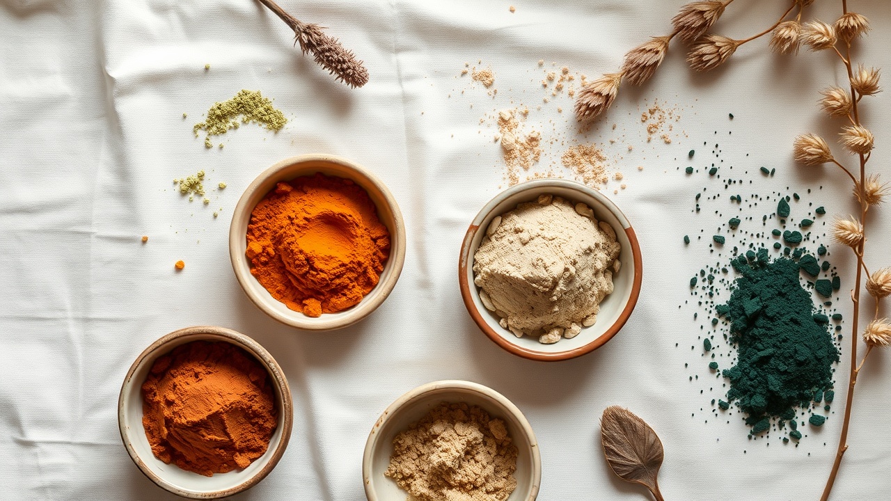 A flat-lay of natural pigment samples arranged artistically on linen, featuring earthy tones like sage, terracotta, and oat